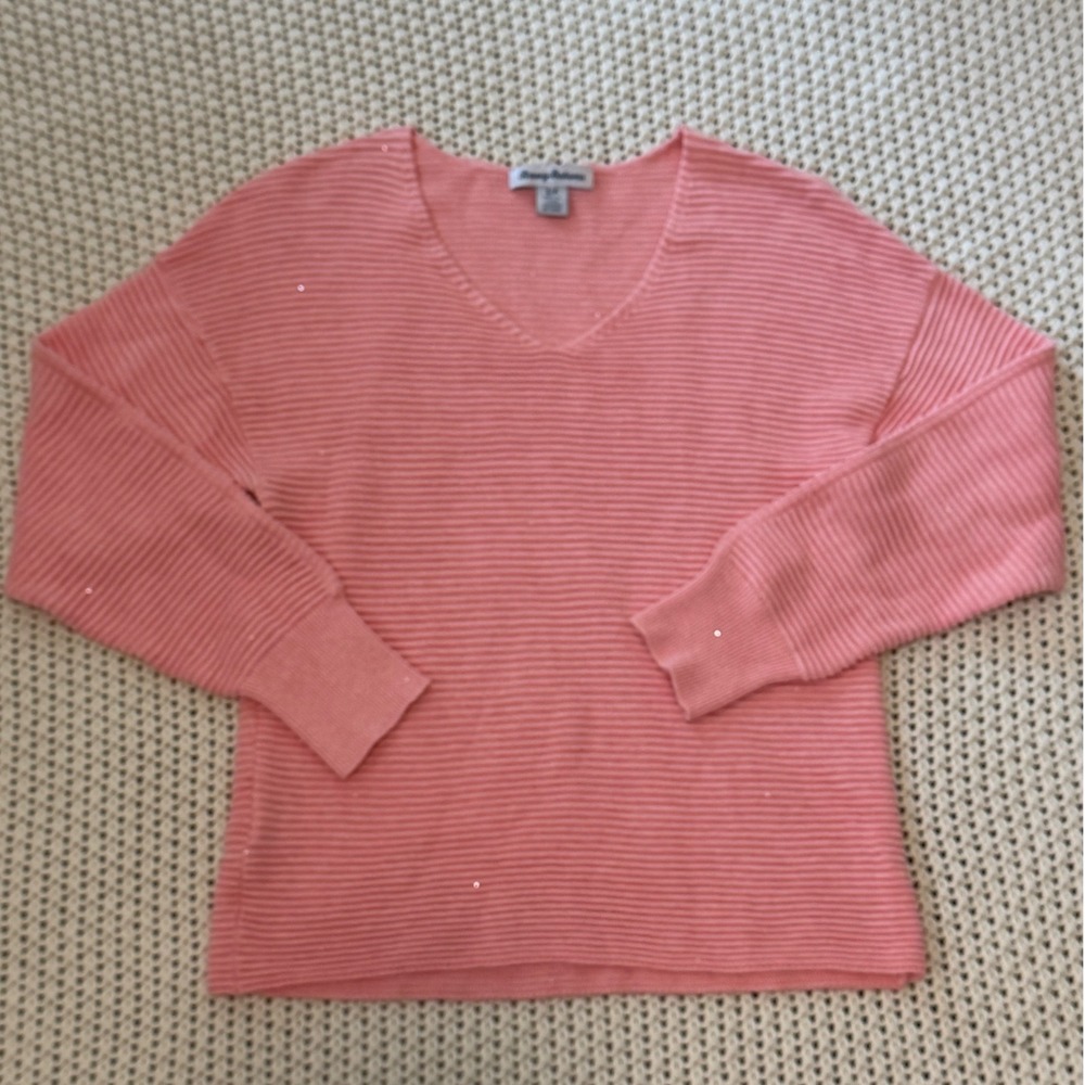 Tommy Bahama Women's Bonita Pink V-Neck Sequin Sweater Small Coastal Beachy